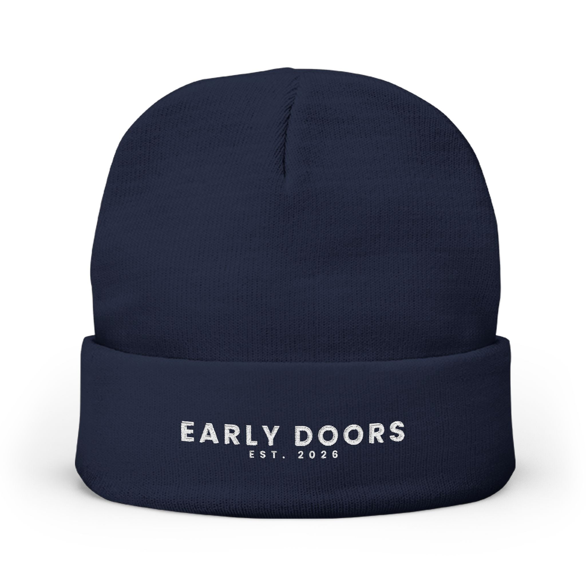 Early Doors embroidered cuffed beanie in navy — football streetwear headwear