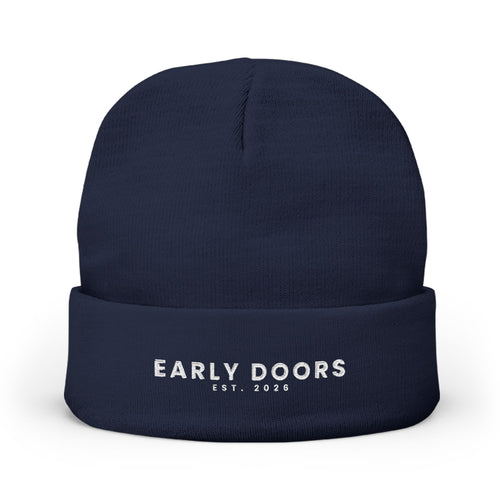 Early Doors embroidered cuffed beanie in navy — football streetwear headwear