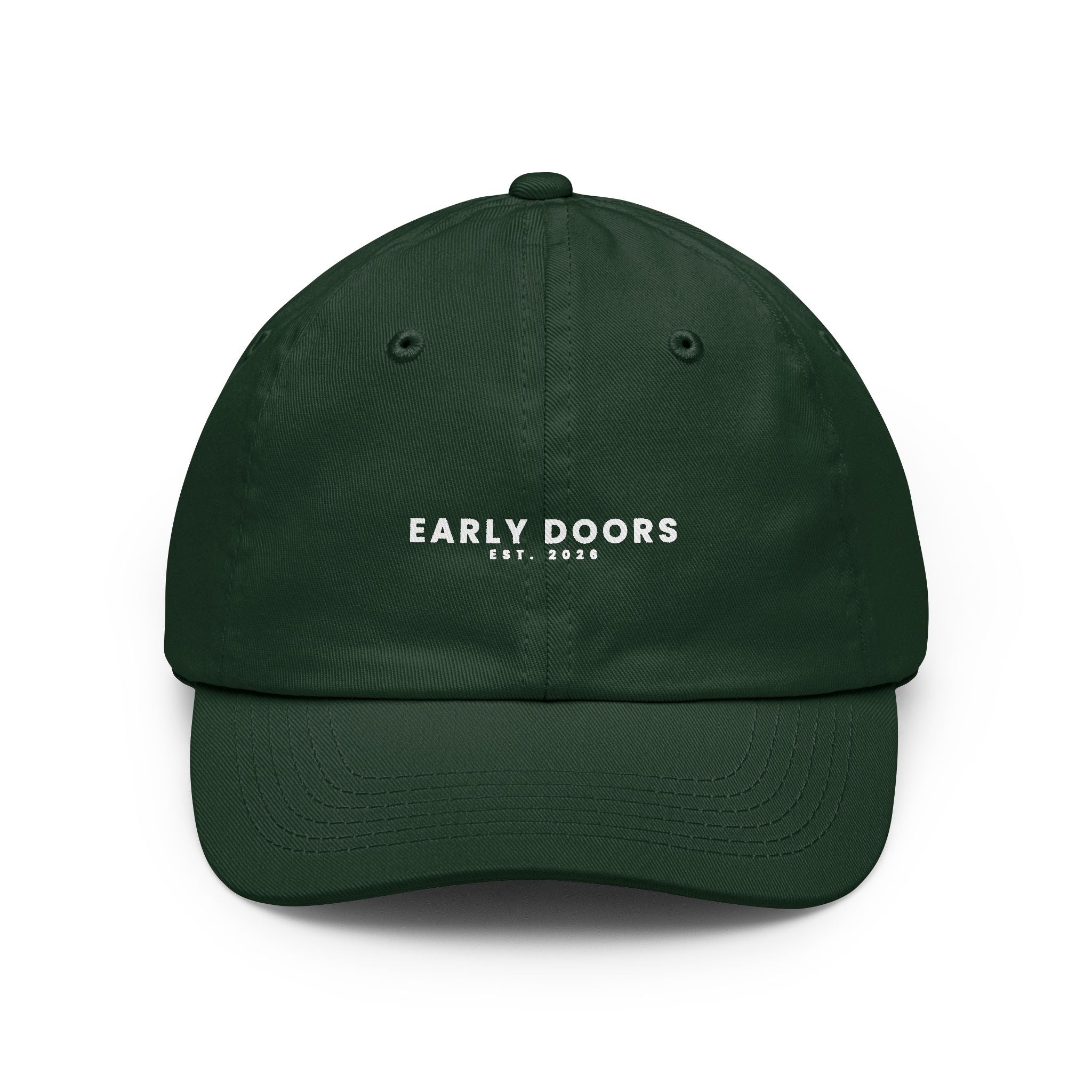 Early Doors Kickoff Cap — embroidered football and soccer dad hat, EST. 2026