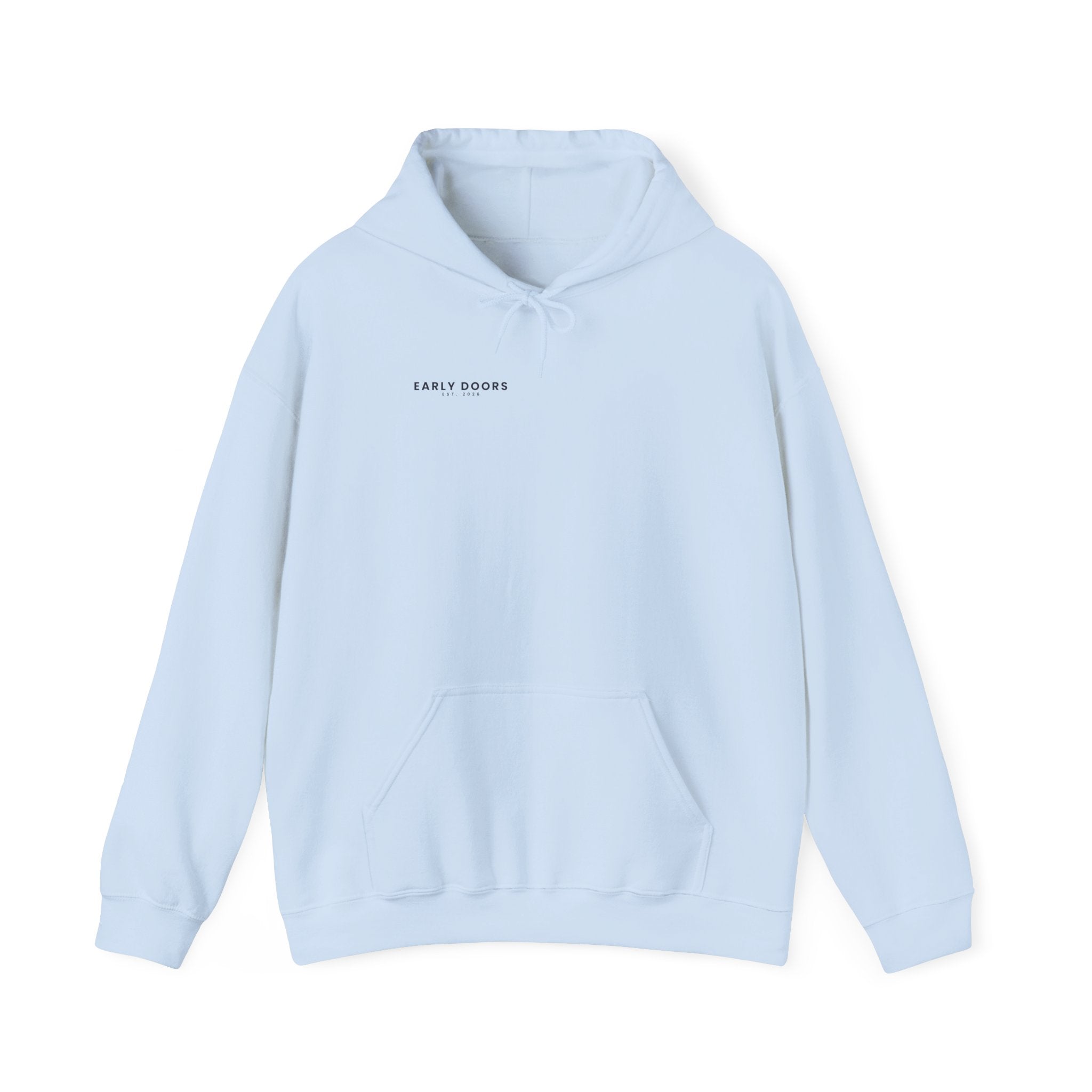 Early Doors heavyweight hoodie, EST. 2026 — football streetwear with back graphic