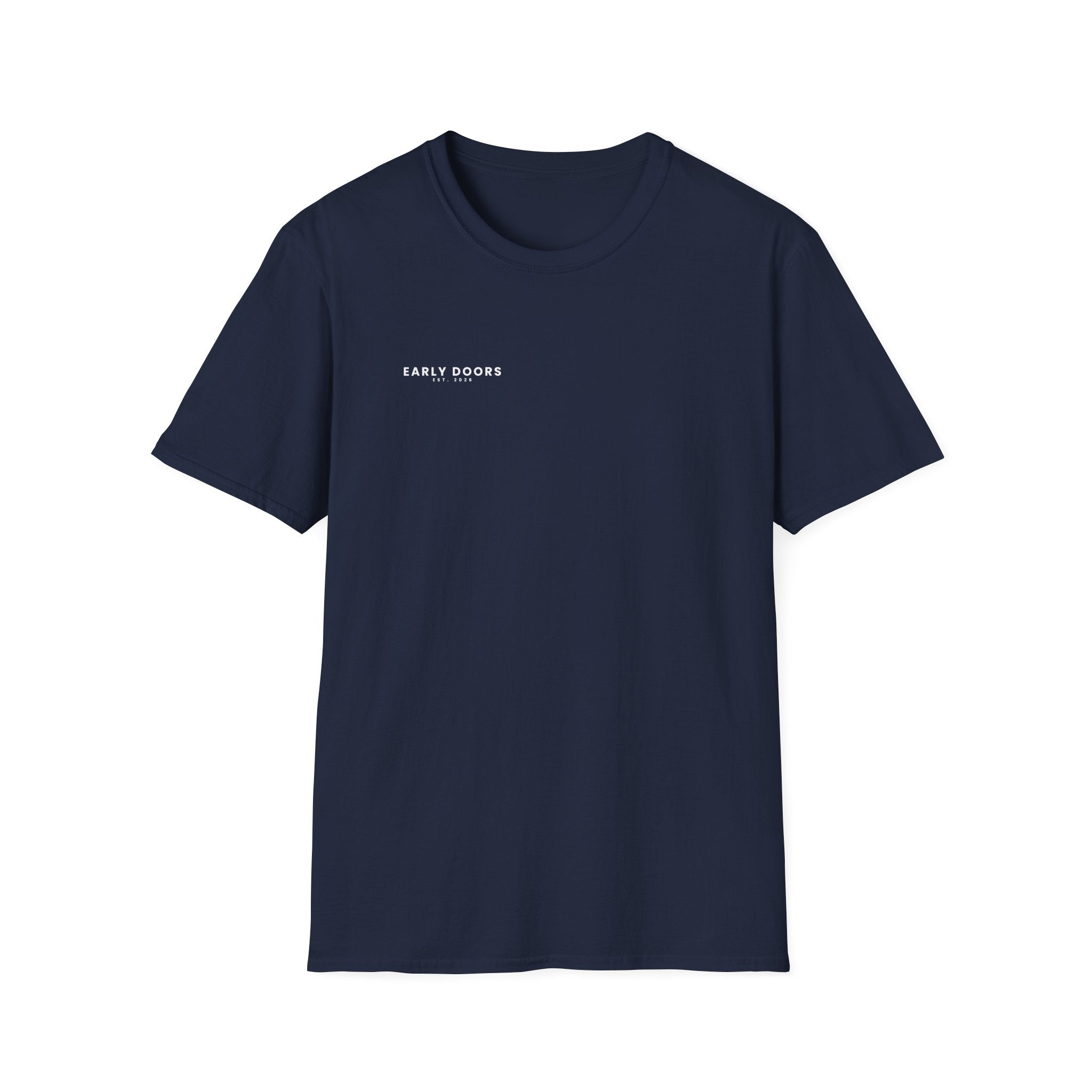 Early Doors back-graphic T-shirt, EST. 2026 — football and soccer streetwear