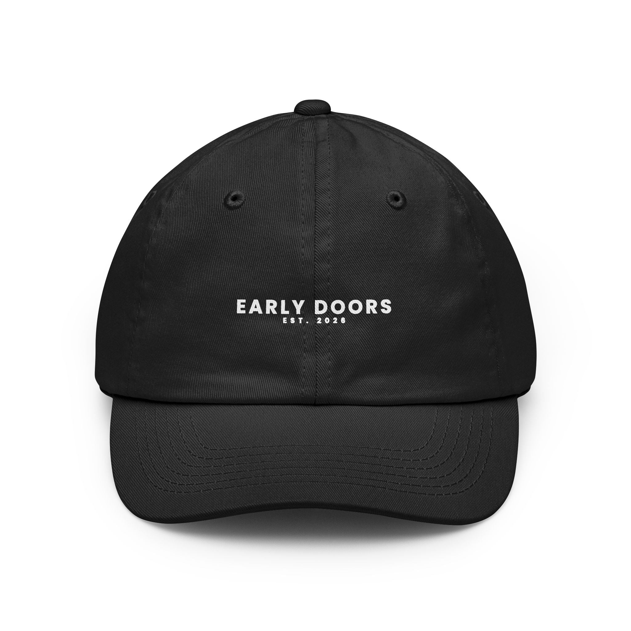 Early Doors Kickoff Cap — embroidered football and soccer dad hat, EST. 2026