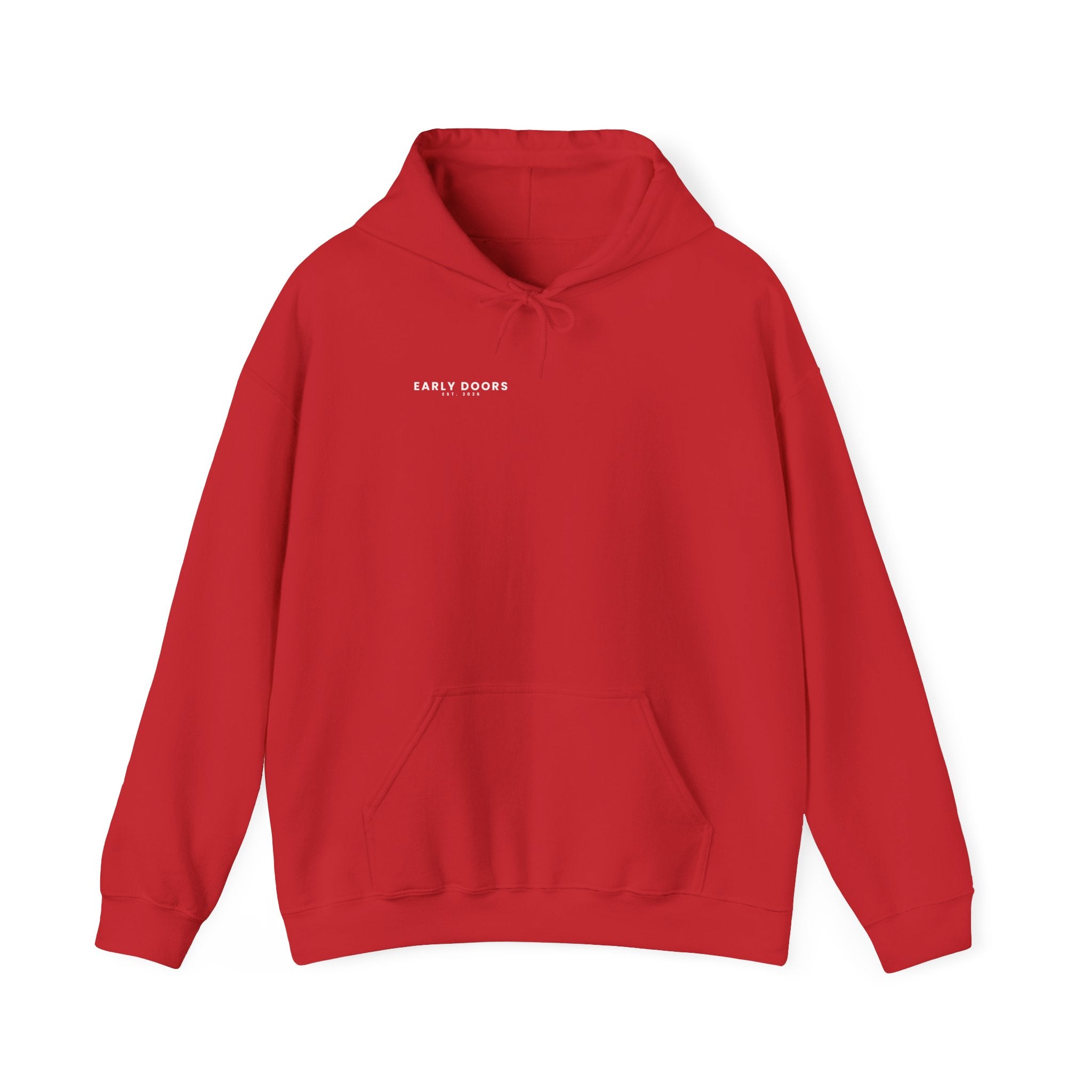 Early Doors heavyweight hoodie, EST. 2026 — football streetwear with back graphic