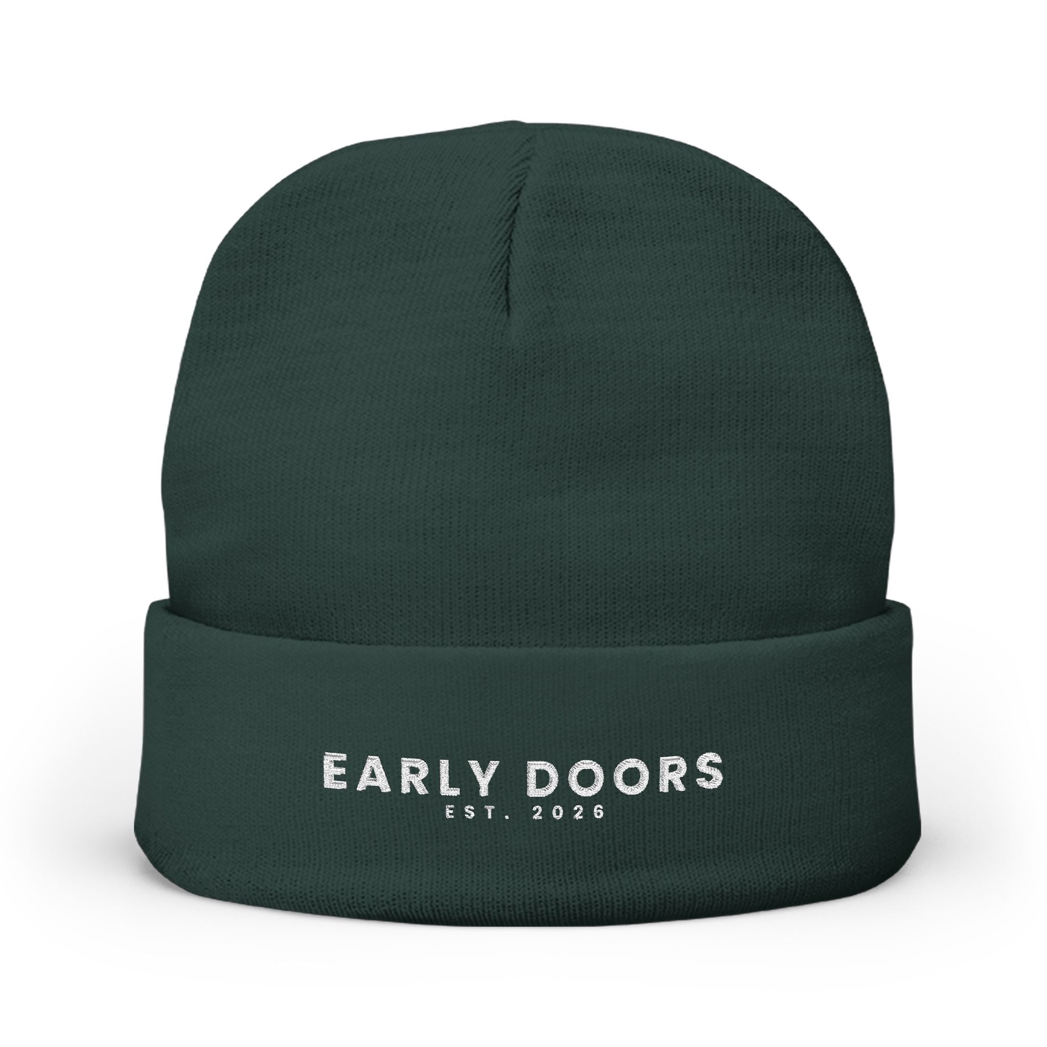 Early Doors embroidered cuffed beanie in navy — football streetwear headwear