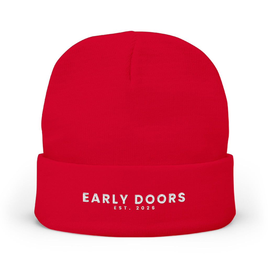Early Doors embroidered cuffed beanie in navy — football streetwear headwear