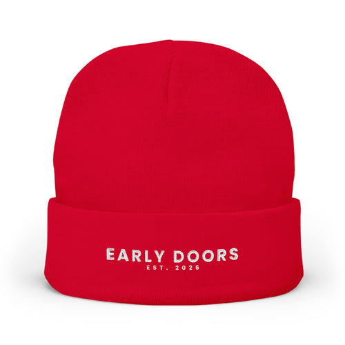Early Doors embroidered cuffed beanie in navy — football streetwear headwear