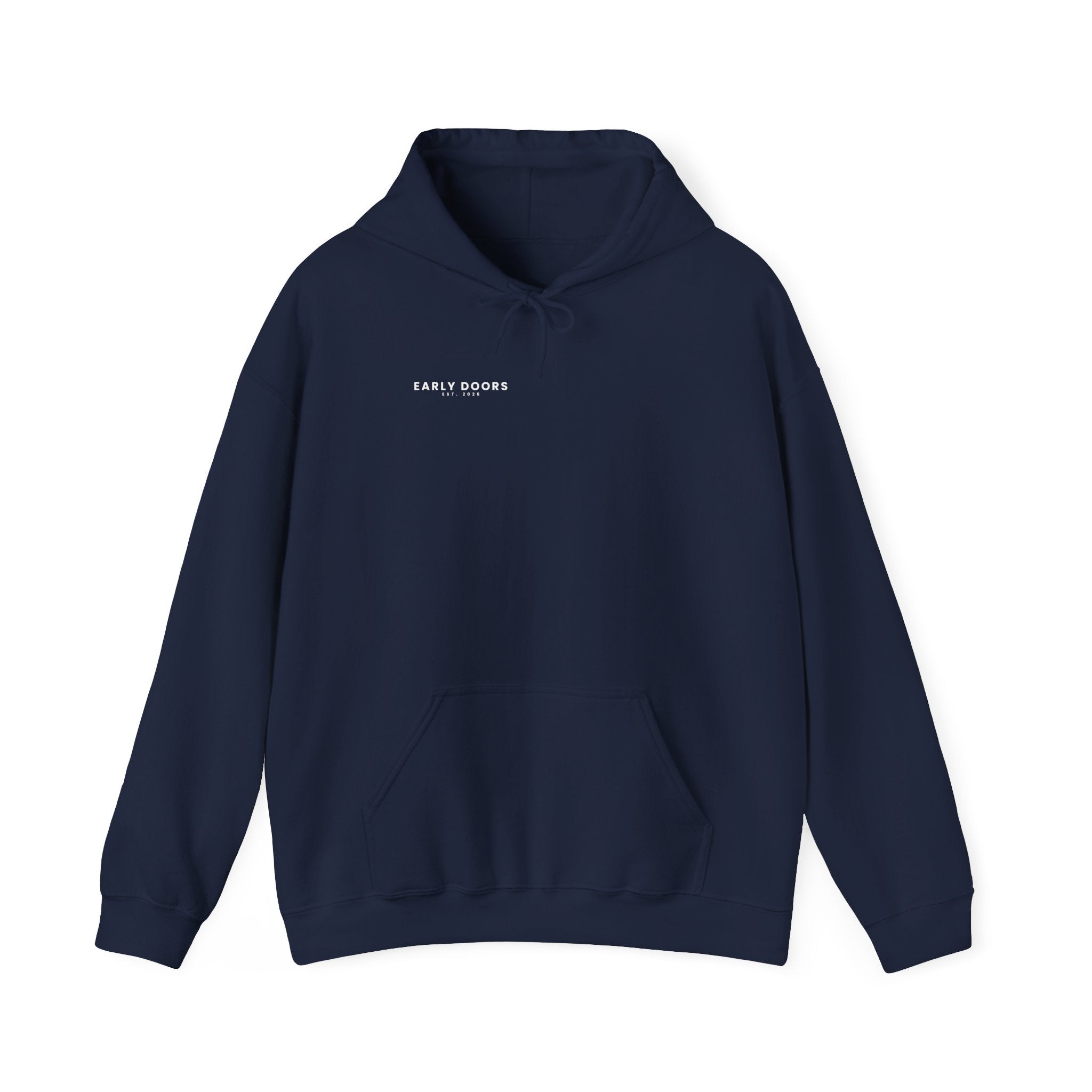 Early Doors heavyweight hoodie, EST. 2026 — football streetwear with back graphic