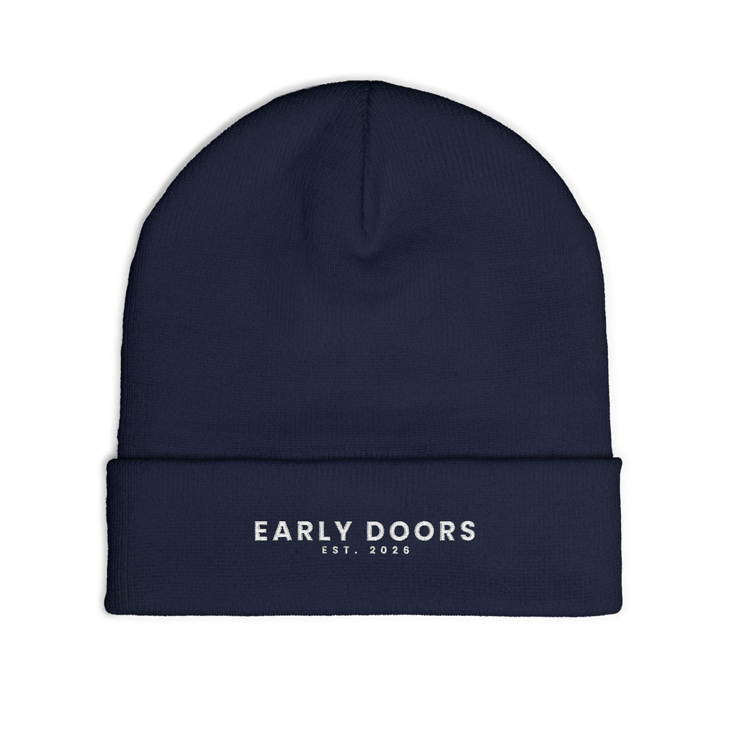Early Doors embroidered cuffed beanie in navy — football streetwear headwear