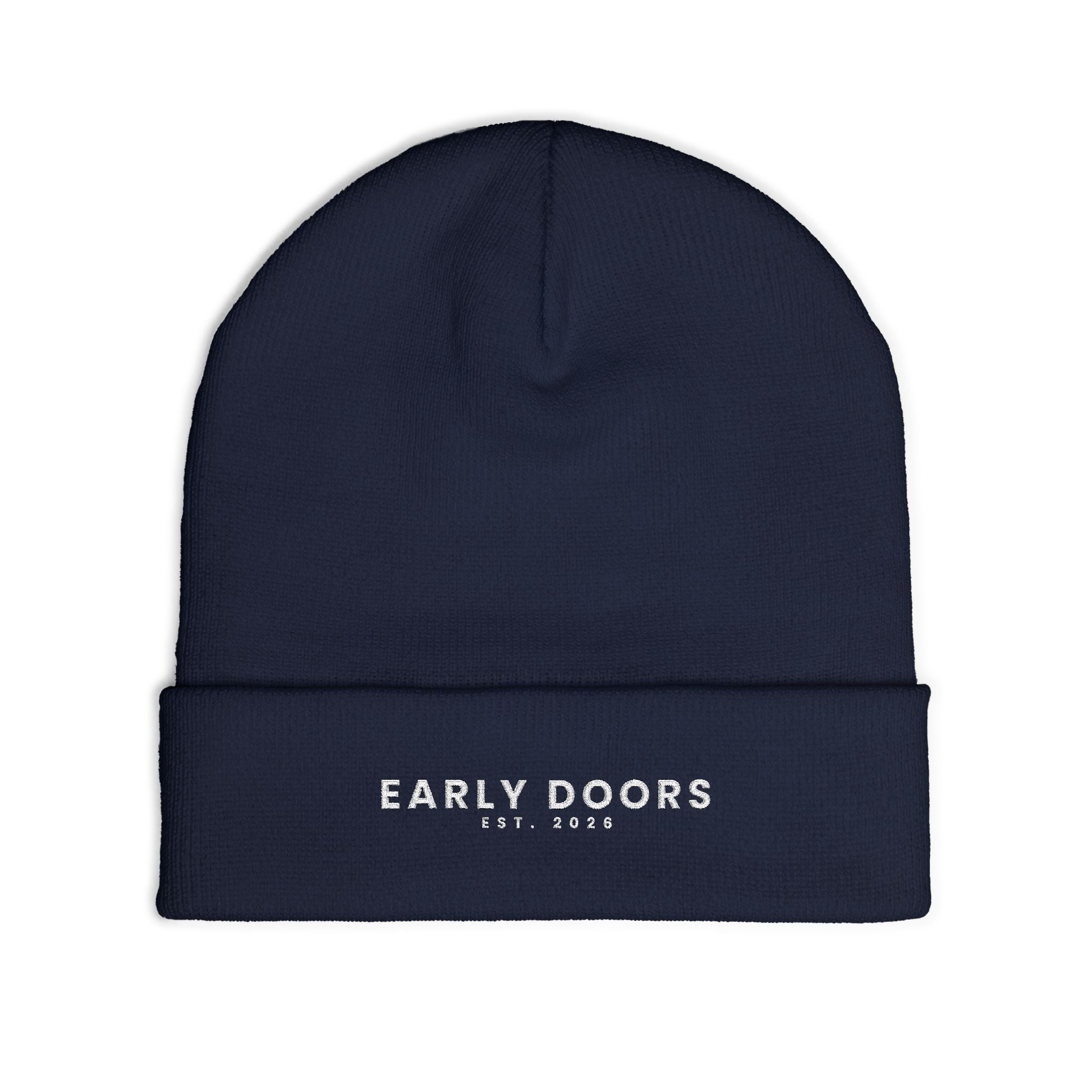 Early Doors embroidered cuffed beanie in navy — football streetwear headwear