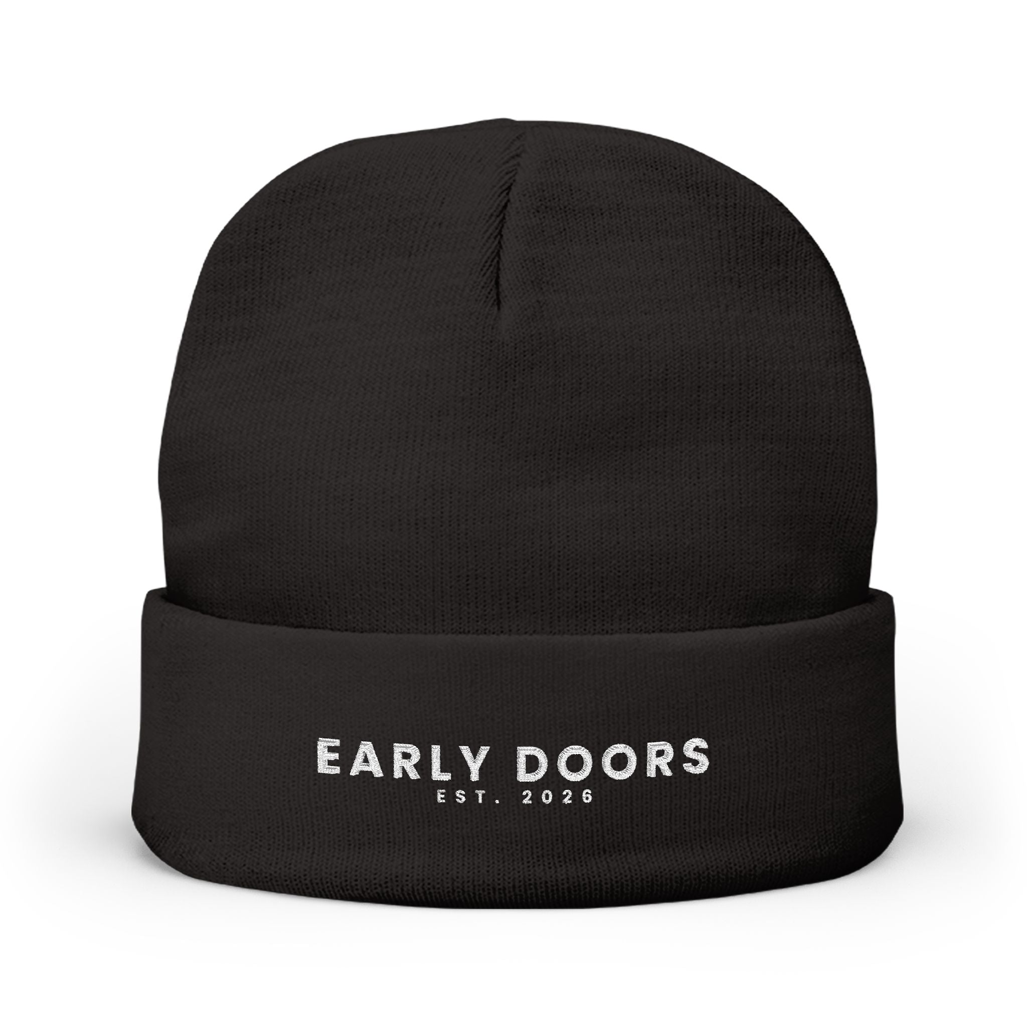 Early Doors embroidered cuffed beanie in navy — football streetwear headwear