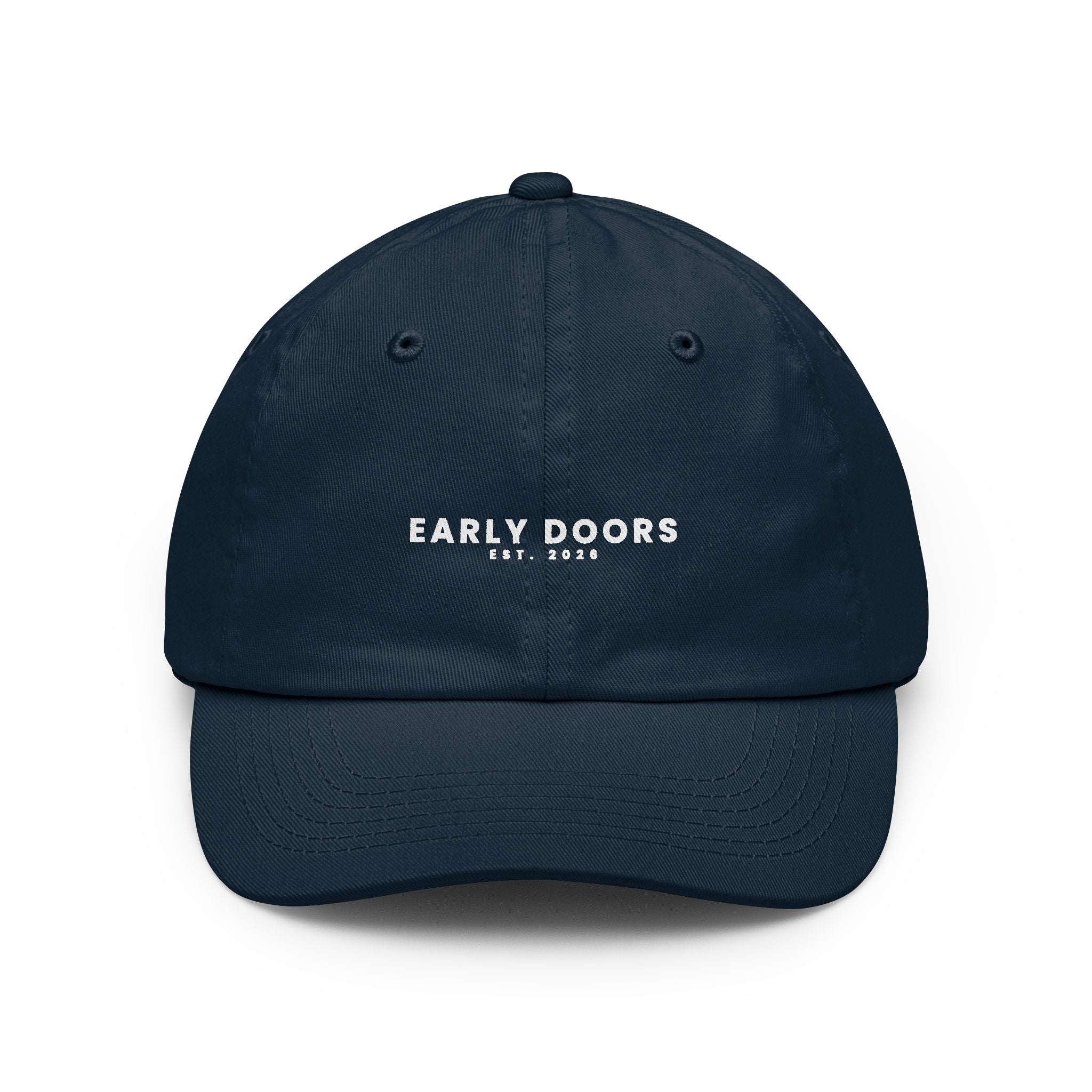 Early Doors Kickoff Cap — embroidered football and soccer dad hat, EST. 2026