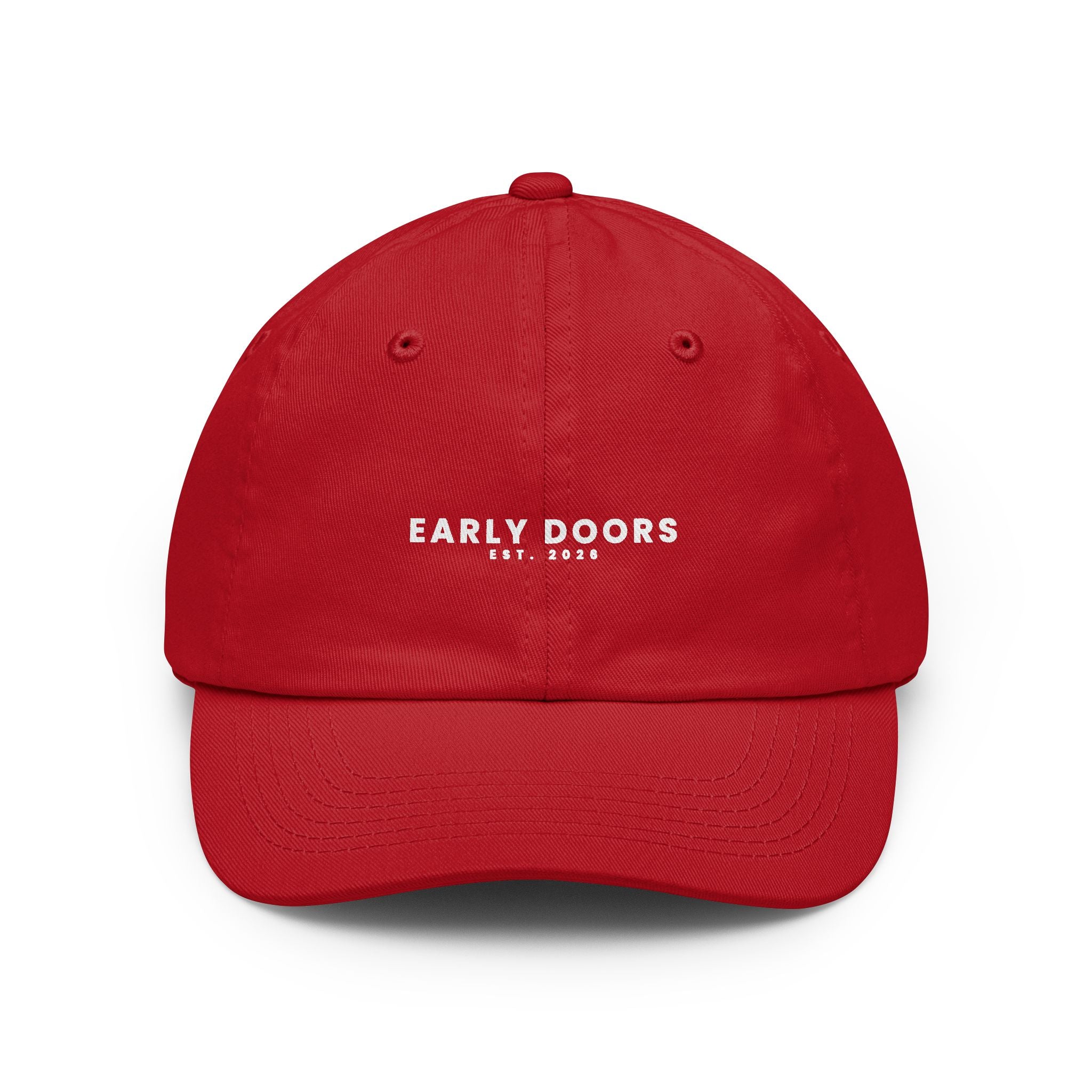 Early Doors Kickoff Cap — embroidered football and soccer dad hat, EST. 2026