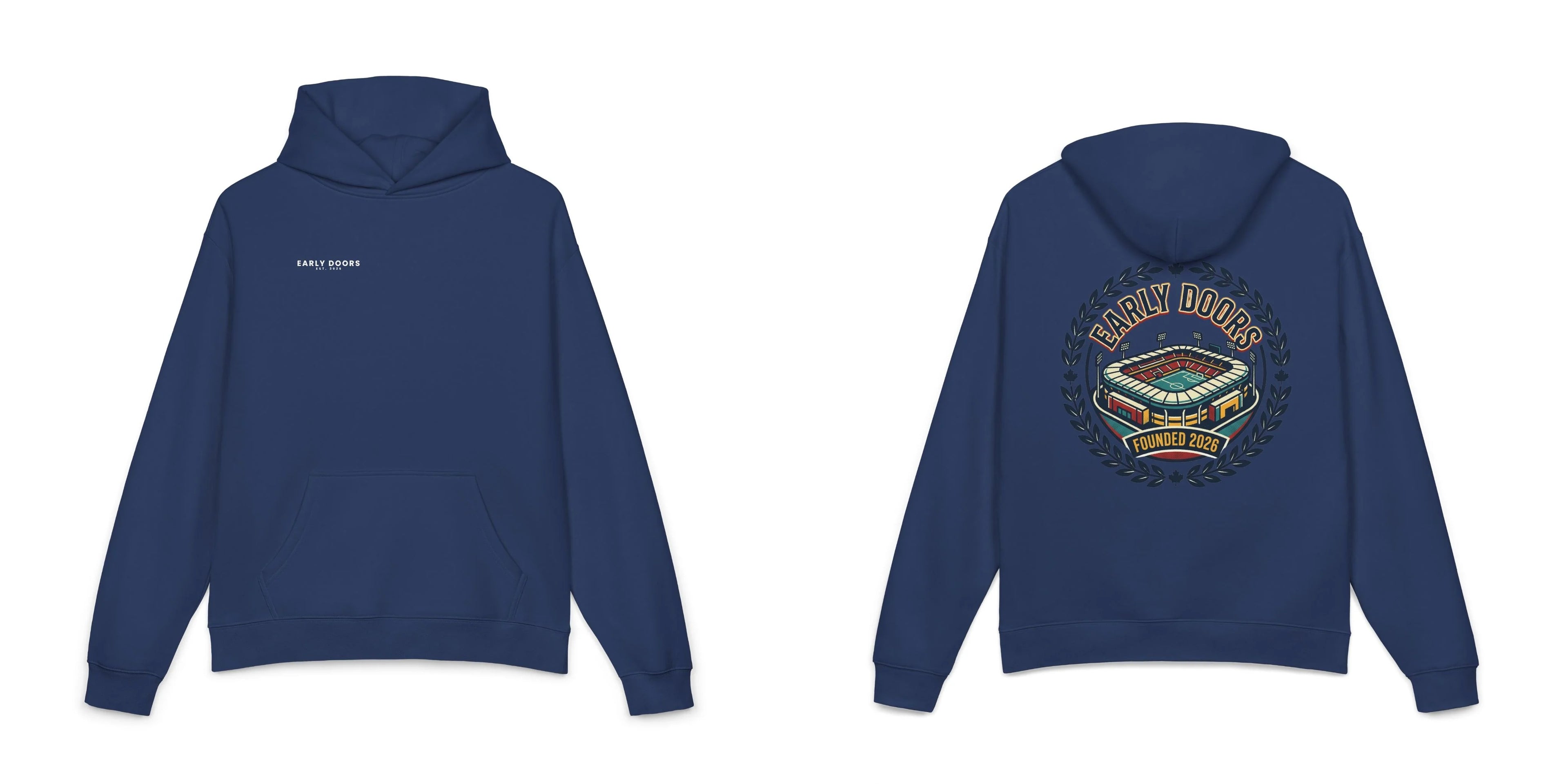 Early Doors Stadium Crest Hoodie – Cobalt front and back