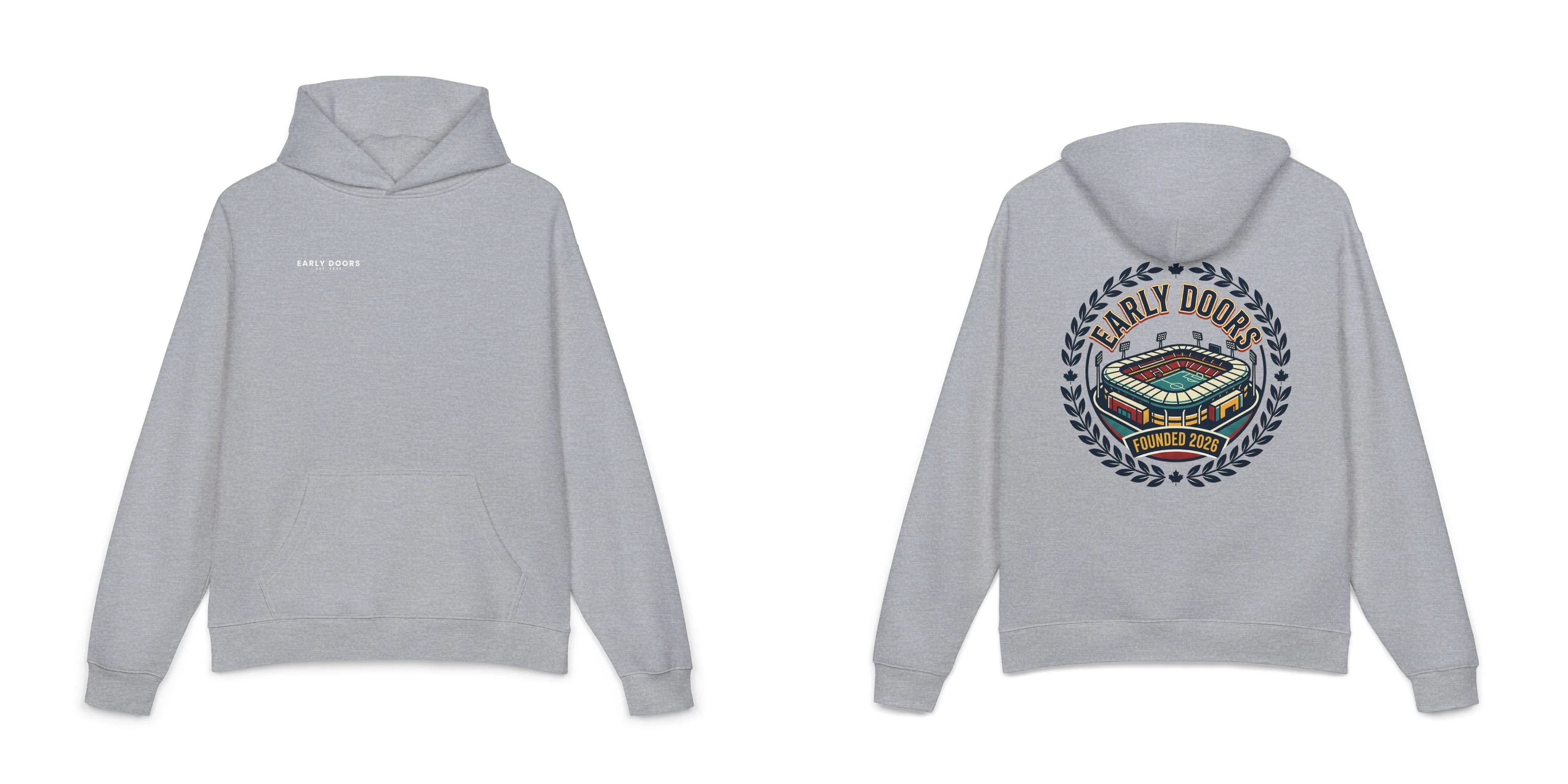 Early Doors Stadium Crest Hoodie – Athletic Heather front and back